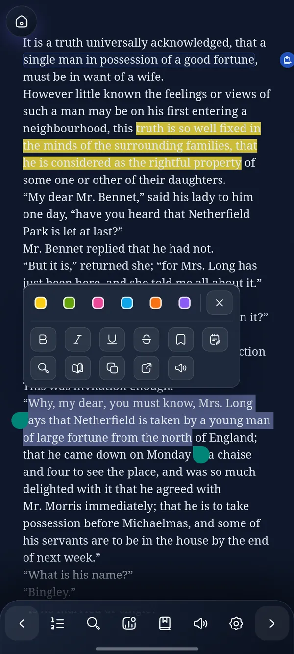 Highlighting a passage of Pride and Prejudice in DeltaScroll