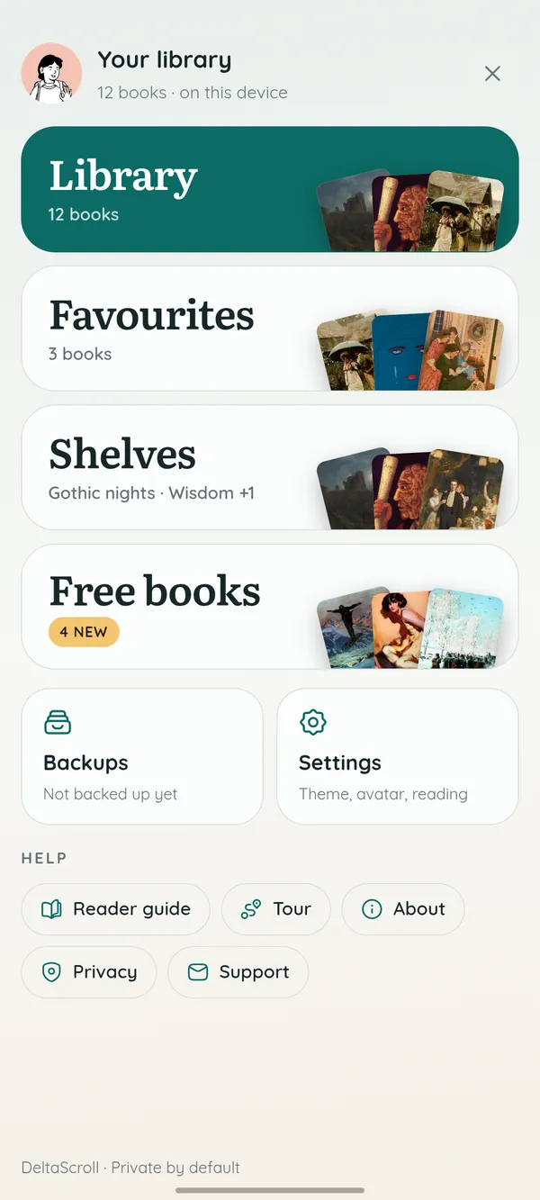 The DeltaScroll menu with Library, Favourites, Shelves and Free books