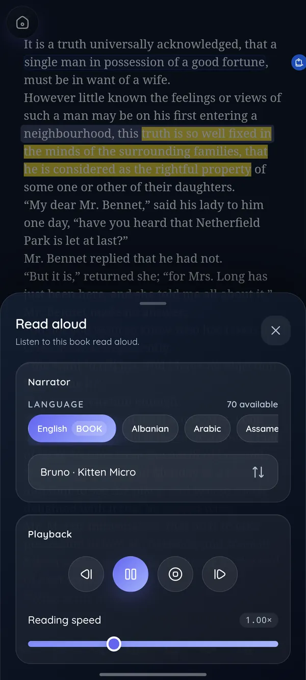 DeltaScroll reading a book aloud, with voice and speed controls